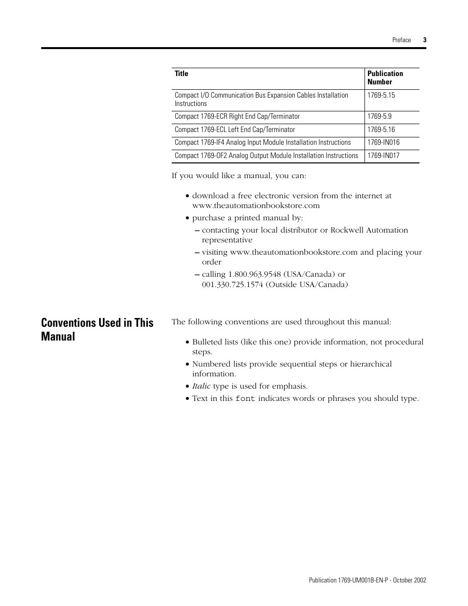 Conventions used in this manual | Rockwell Automation 1769-ADN Compact I/O 1769-ADN DeviceNet Adapter User Manual | Page 13 / 204