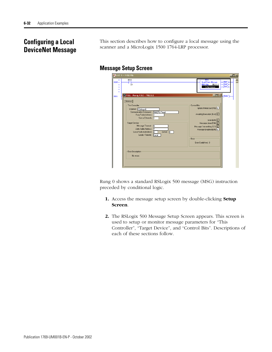 Configuring a local devicenet message, Message setup screen | Rockwell Automation 1769-ADN Compact I/O 1769-ADN DeviceNet Adapter User Manual | Page 144 / 204