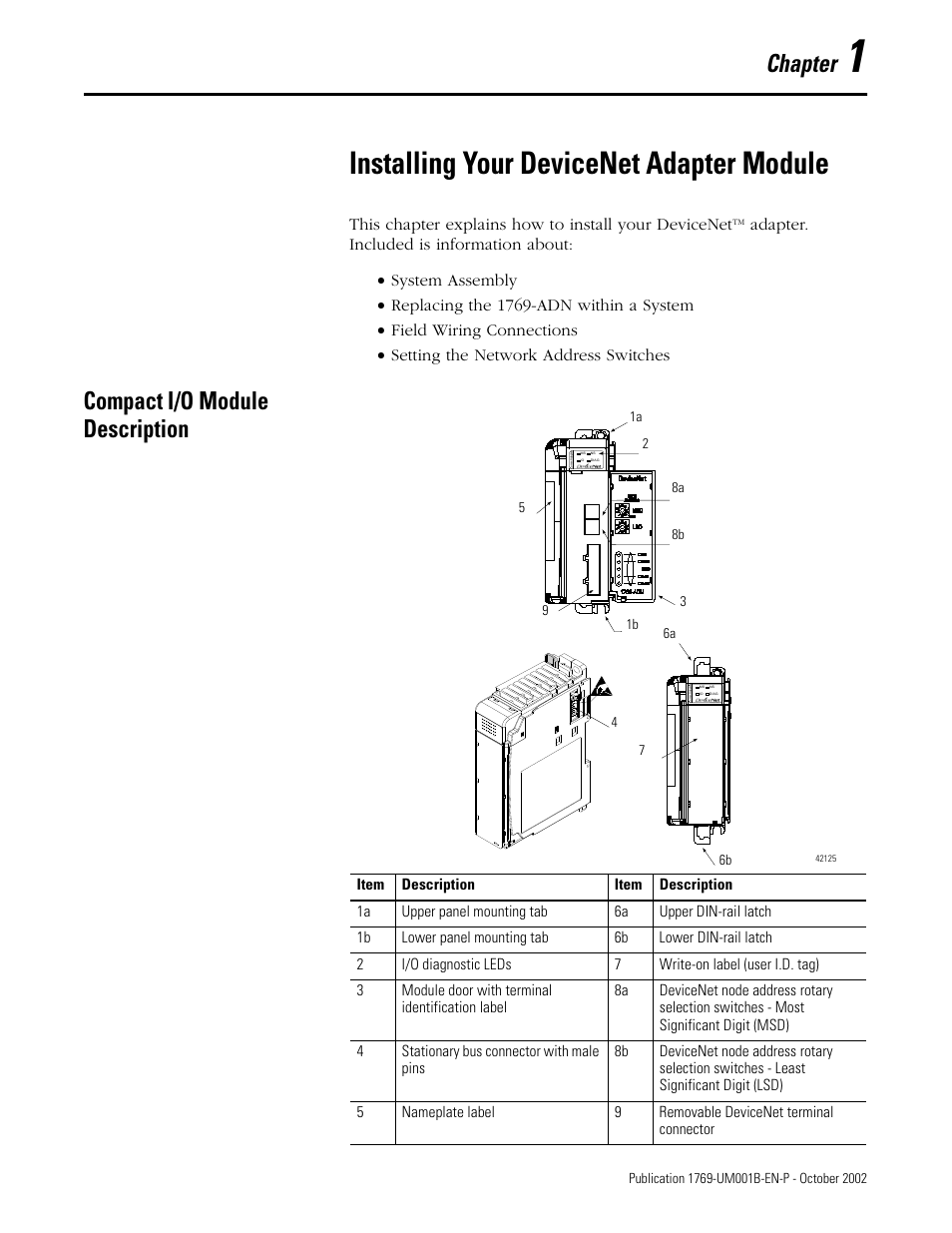Installing your devicenet adapter module, Chapter, Compact i/o module description | Rockwell Automation 1769-ADN Compact I/O 1769-ADN DeviceNet Adapter User Manual | Page 15 / 204