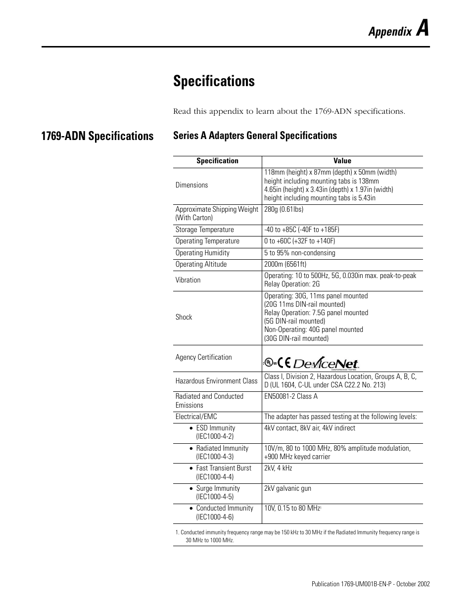 Specifications, Appendix, 1769-adn specifications | Series a adapters general specifications | Rockwell Automation 1769-ADN Compact I/O 1769-ADN DeviceNet Adapter User Manual | Page 153 / 204