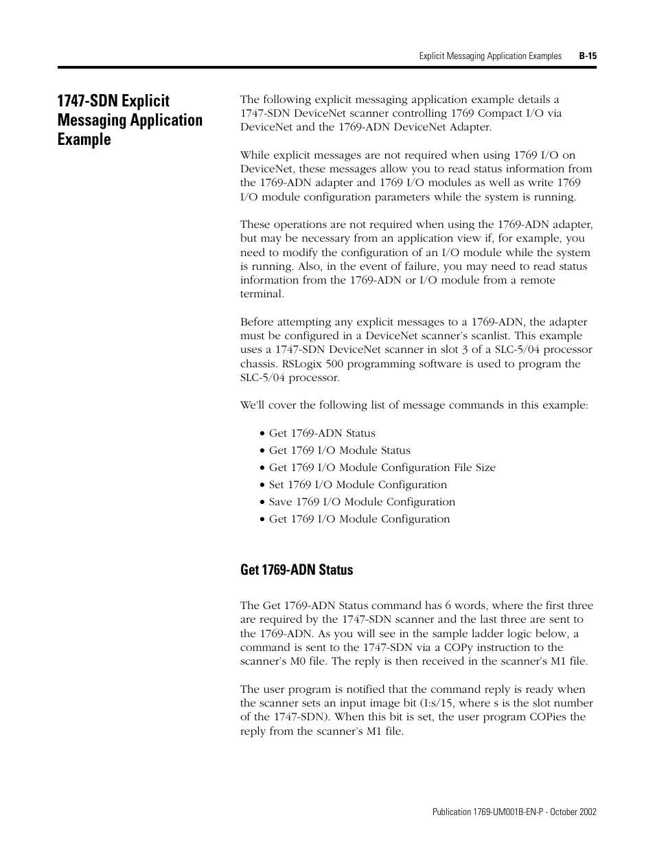 1747-sdn explicit messaging application example, Get 1769-adn status | Rockwell Automation 1769-ADN Compact I/O 1769-ADN DeviceNet Adapter User Manual | Page 173 / 204