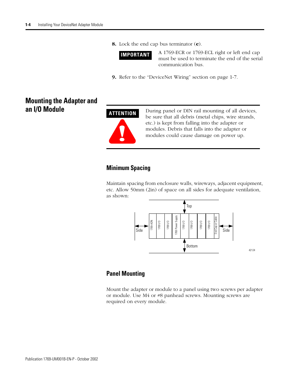 Mounting the adapter and an i/o module, Minimum spacing, Panel mounting | Rockwell Automation 1769-ADN Compact I/O 1769-ADN DeviceNet Adapter User Manual | Page 18 / 204