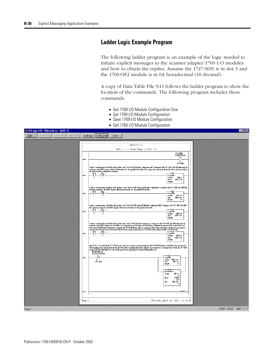 Ladder logic example program | Rockwell Automation 1769-ADN Compact I/O 1769-ADN DeviceNet Adapter User Manual | Page 188 / 204