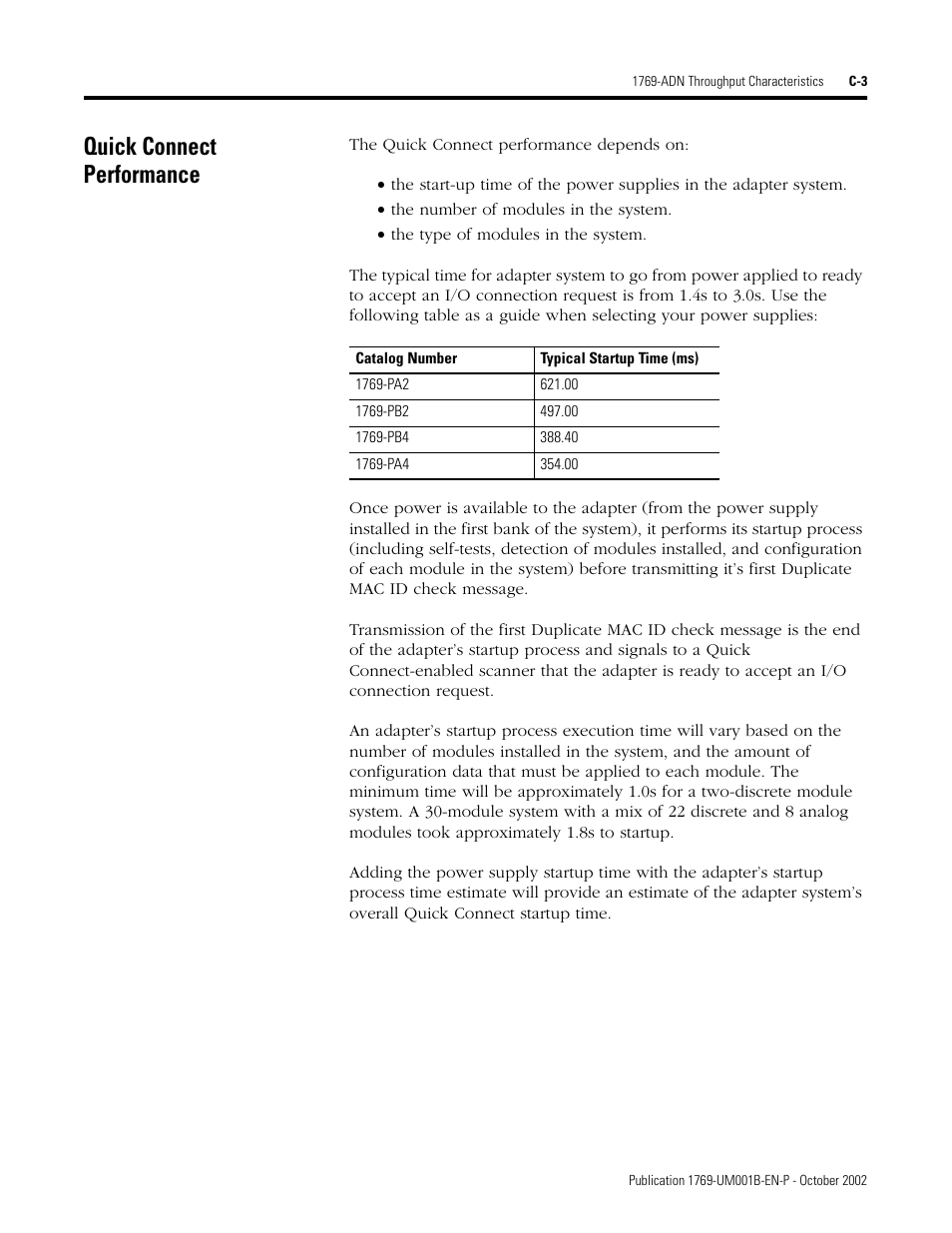 Quick connect performance | Rockwell Automation 1769-ADN Compact I/O 1769-ADN DeviceNet Adapter User Manual | Page 193 / 204