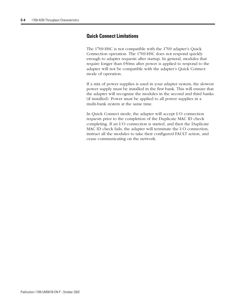 Quick connect limitations | Rockwell Automation 1769-ADN Compact I/O 1769-ADN DeviceNet Adapter User Manual | Page 194 / 204