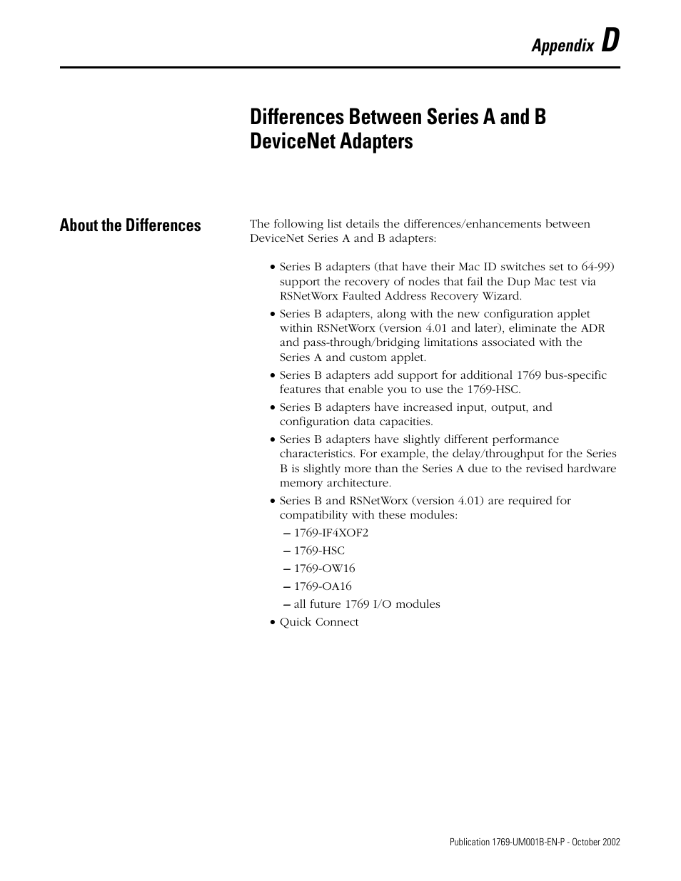 Appendix, About the differences | Rockwell Automation 1769-ADN Compact I/O 1769-ADN DeviceNet Adapter User Manual | Page 195 / 204
