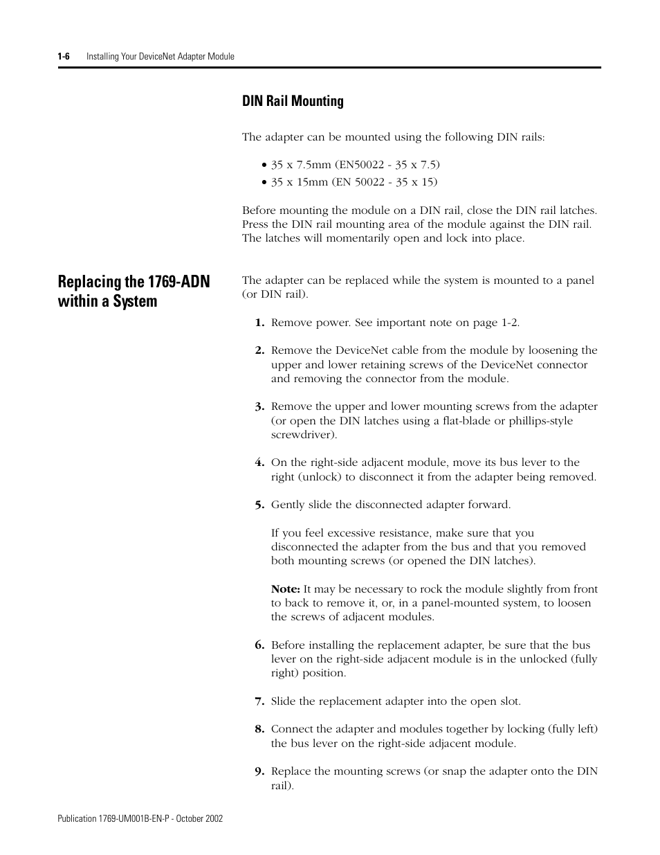 Replacing the 1769-adn within a system, Din rail mounting | Rockwell Automation 1769-ADN Compact I/O 1769-ADN DeviceNet Adapter User Manual | Page 20 / 204