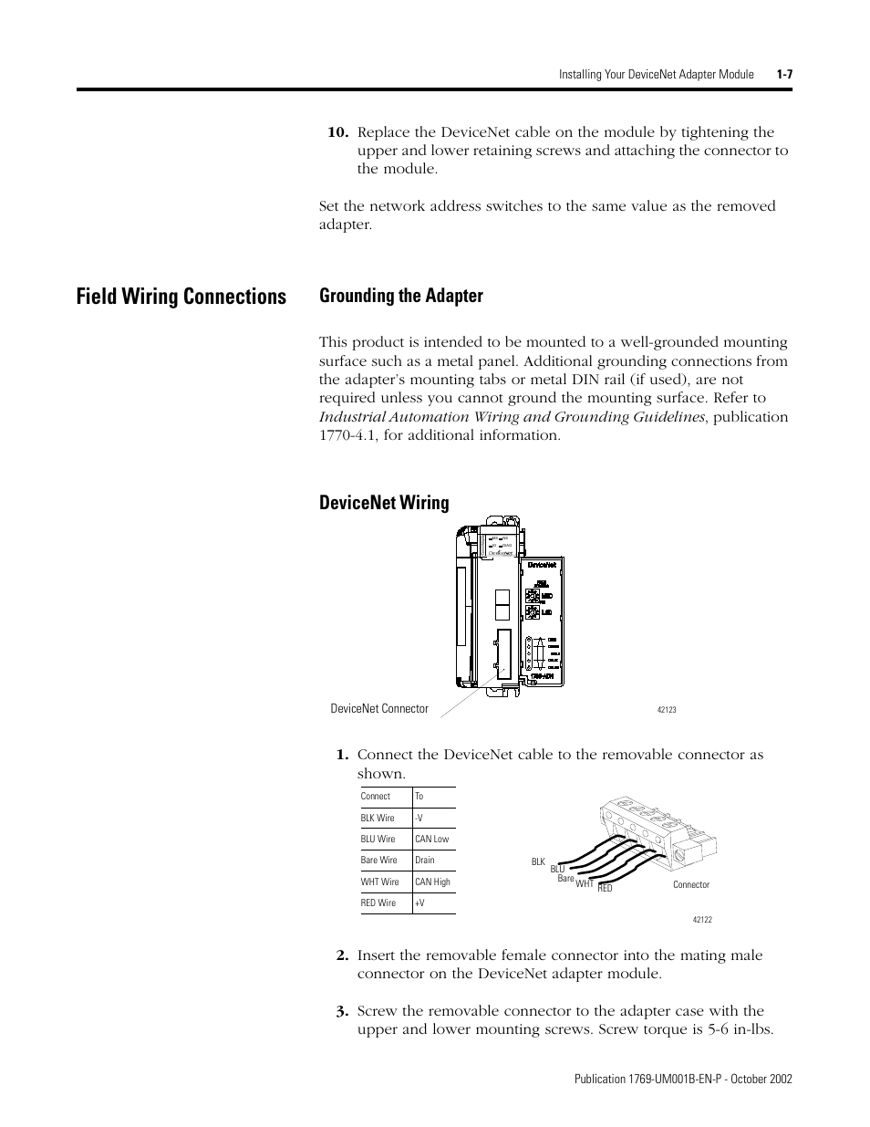 Field wiring connections, Grounding the adapter, Devicenet wiring | Rockwell Automation 1769-ADN Compact I/O 1769-ADN DeviceNet Adapter User Manual | Page 21 / 204