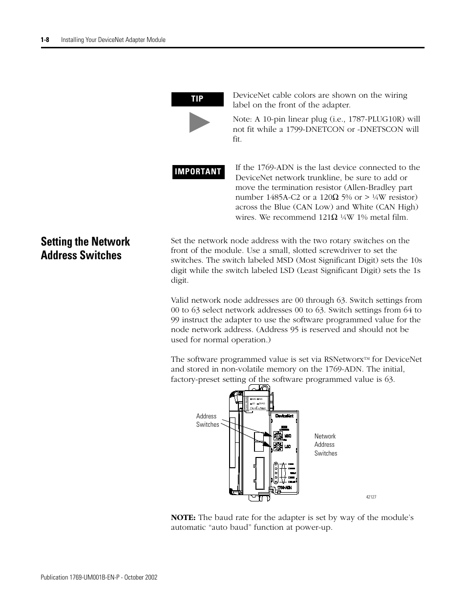 Setting the network address switches | Rockwell Automation 1769-ADN Compact I/O 1769-ADN DeviceNet Adapter User Manual | Page 22 / 204