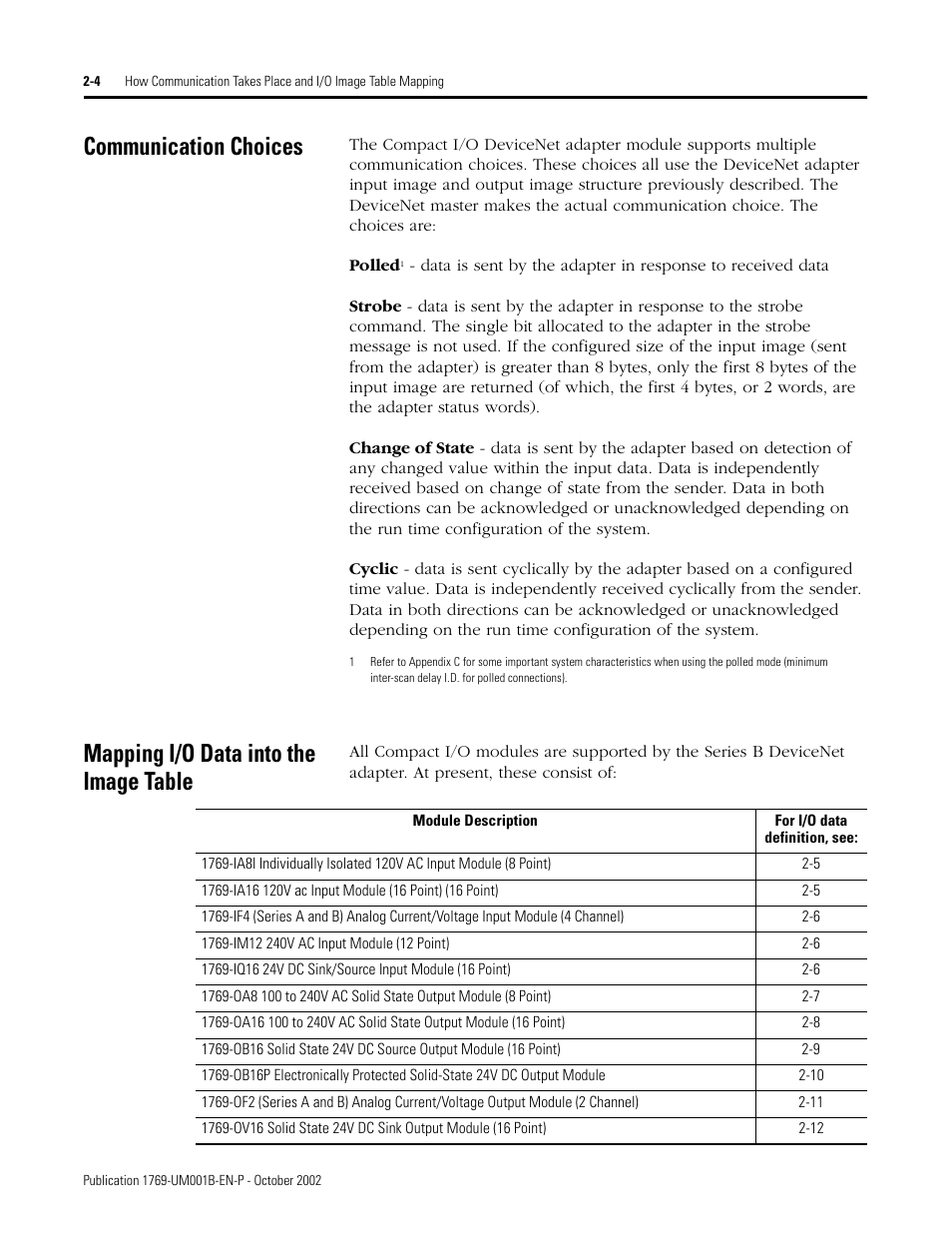 Communication choices, Mapping i/o data into the image table | Rockwell Automation 1769-ADN Compact I/O 1769-ADN DeviceNet Adapter User Manual | Page 28 / 204