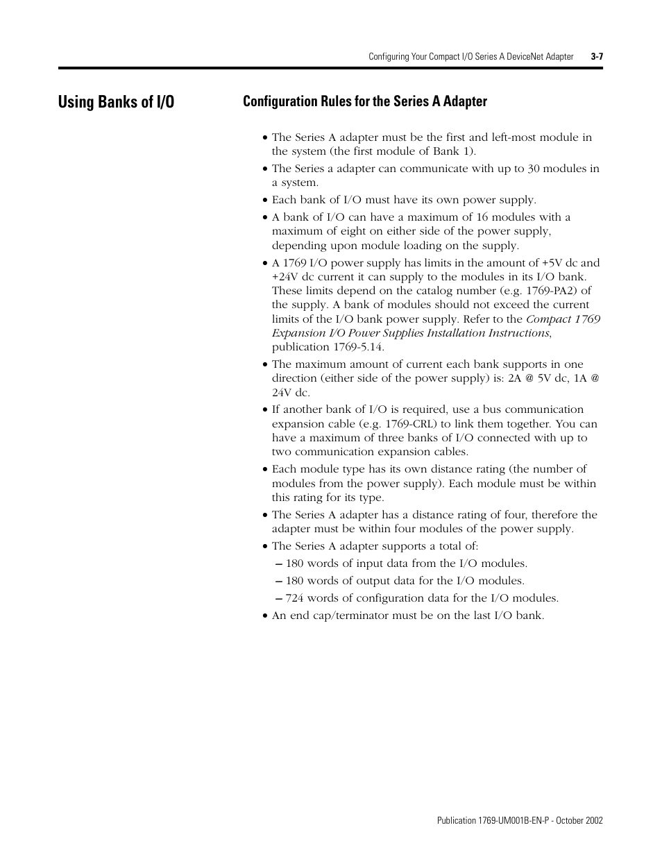 Using banks of i/o, Configuration rules for the series a adapter | Rockwell Automation 1769-ADN Compact I/O 1769-ADN DeviceNet Adapter User Manual | Page 57 / 204