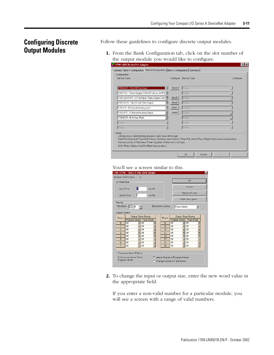 Configuring discrete output modules | Rockwell Automation 1769-ADN Compact I/O 1769-ADN DeviceNet Adapter User Manual | Page 61 / 204