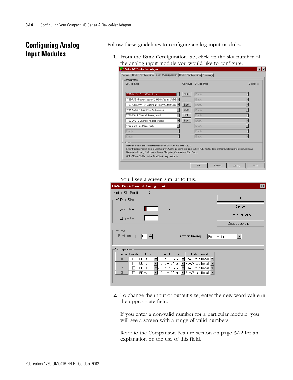 Configuring analog input modules | Rockwell Automation 1769-ADN Compact I/O 1769-ADN DeviceNet Adapter User Manual | Page 64 / 204