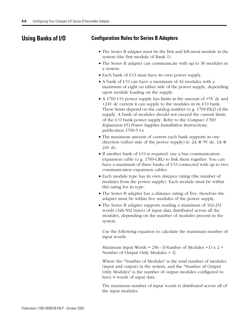 Using banks of i/o, Configuration rules for series b adapters | Rockwell Automation 1769-ADN Compact I/O 1769-ADN DeviceNet Adapter User Manual | Page 82 / 204