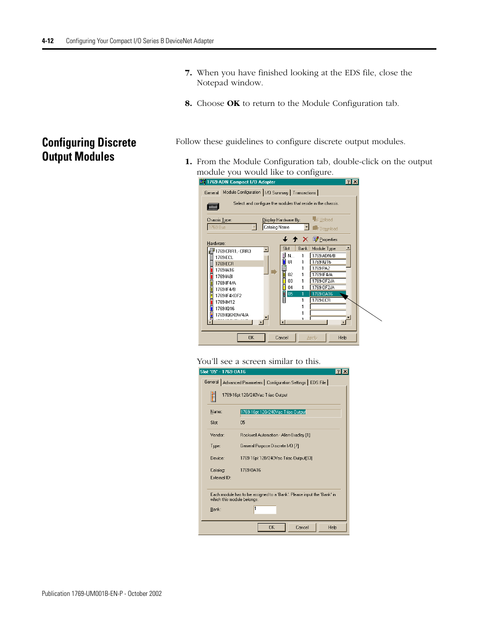 Configuring discrete output modules | Rockwell Automation 1769-ADN Compact I/O 1769-ADN DeviceNet Adapter User Manual | Page 88 / 204