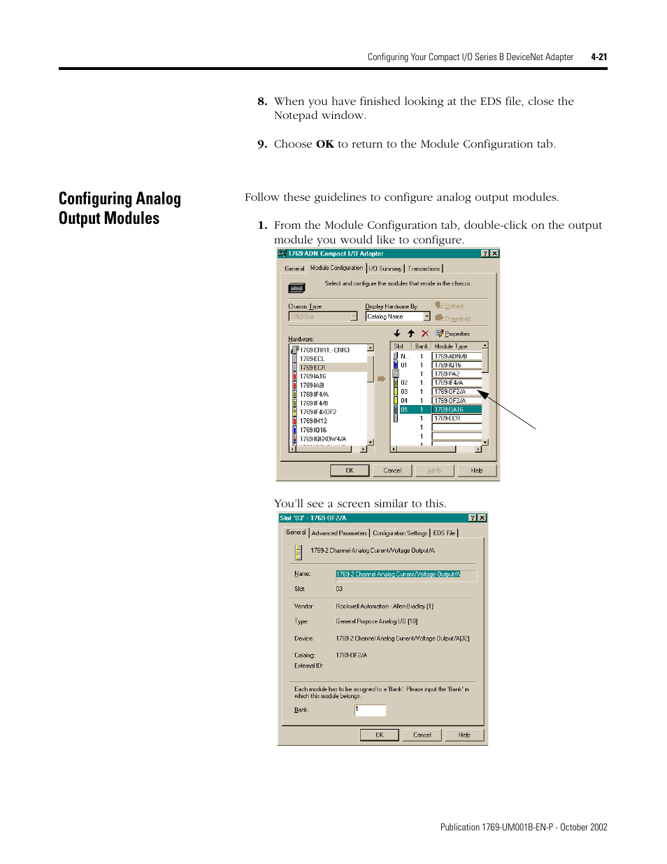 Configuring analog output modules | Rockwell Automation 1769-ADN Compact I/O 1769-ADN DeviceNet Adapter User Manual | Page 97 / 204