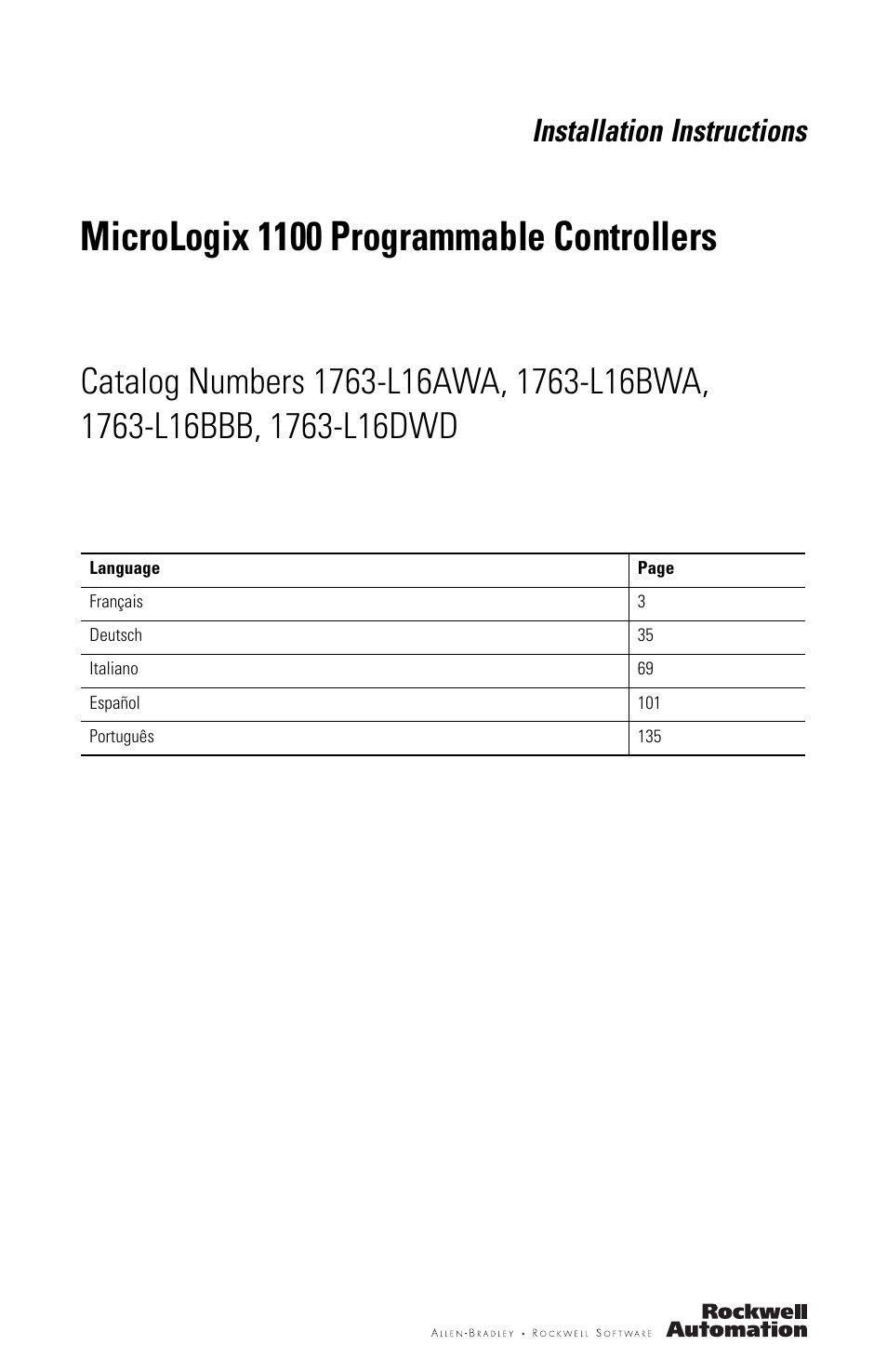 Rockwell Automation 1763-L16xxx MicroLogix 1100 Programmable Controllers Installation Instructions User Manual | 168 pages