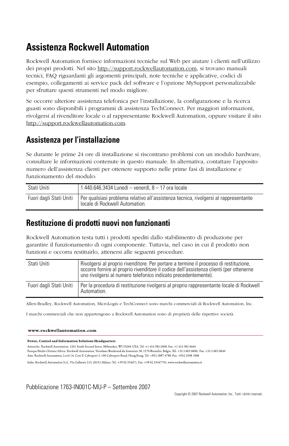 Assistenza rockwell automation, Assistenza per l’installazione, Restituzione di prodotti nuovi non funzionanti | Rockwell Automation 1763-L16xxx MicroLogix 1100 Programmable Controllers Installation Instructions User Manual | Page 100 / 168