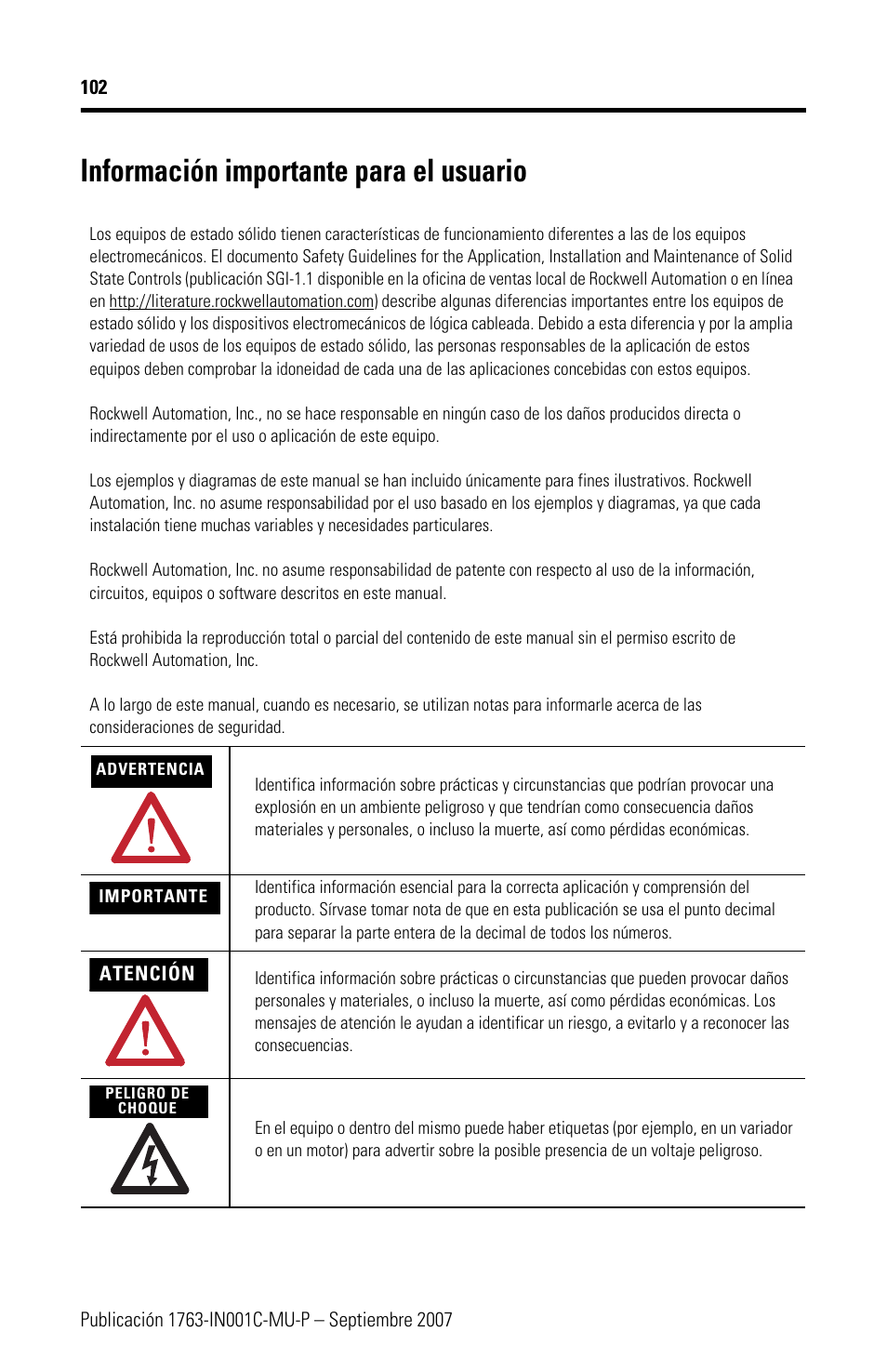 Información importante para el usuario | Rockwell Automation 1763-L16xxx MicroLogix 1100 Programmable Controllers Installation Instructions User Manual | Page 102 / 168