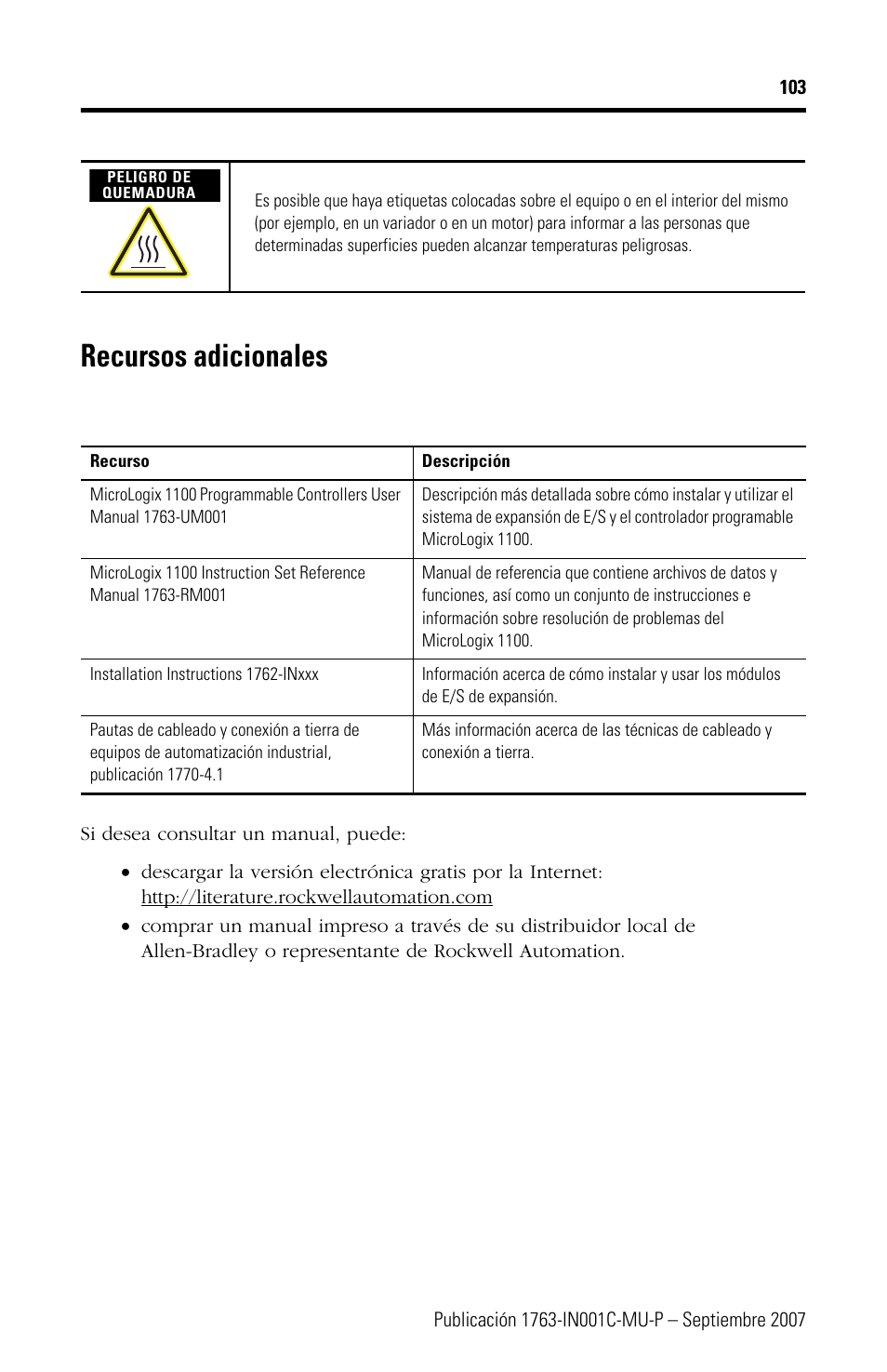 Recursos adicionales | Rockwell Automation 1763-L16xxx MicroLogix 1100 Programmable Controllers Installation Instructions User Manual | Page 103 / 168