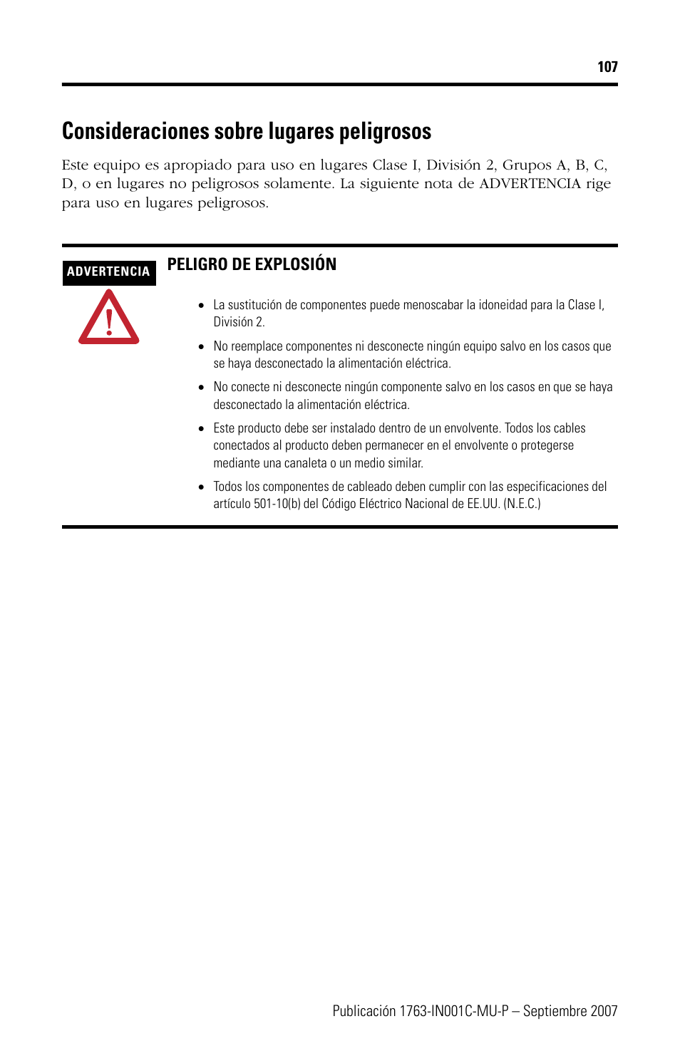 Consideraciones sobre lugares peligrosos | Rockwell Automation 1763-L16xxx MicroLogix 1100 Programmable Controllers Installation Instructions User Manual | Page 107 / 168
