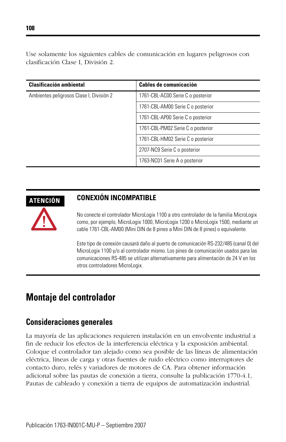 Montaje del controlador, Consideraciones generales | Rockwell Automation 1763-L16xxx MicroLogix 1100 Programmable Controllers Installation Instructions User Manual | Page 108 / 168