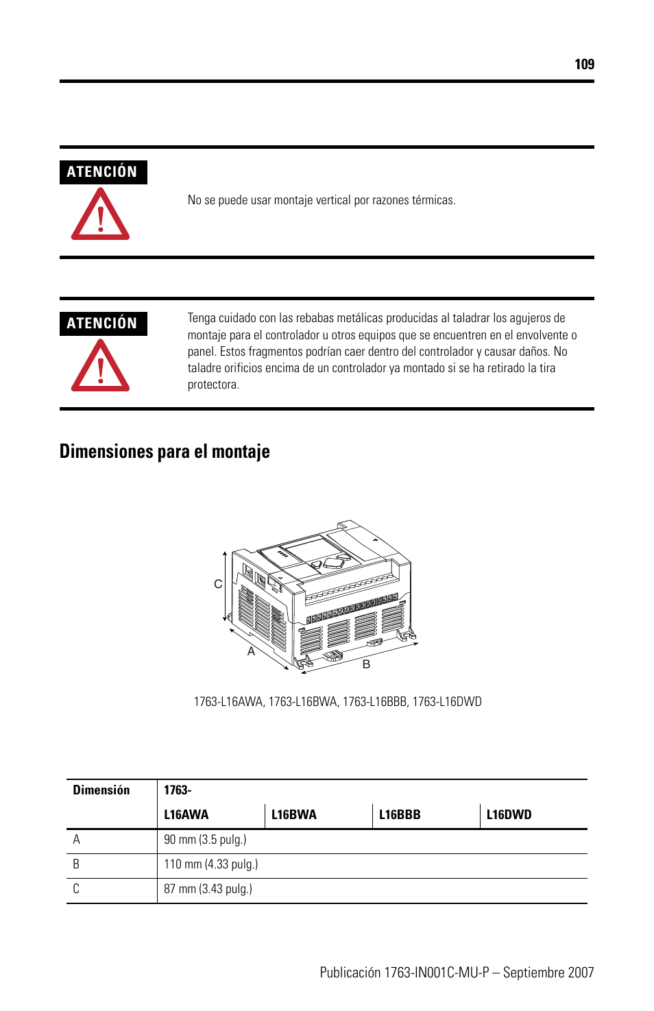 Dimensiones para el montaje | Rockwell Automation 1763-L16xxx MicroLogix 1100 Programmable Controllers Installation Instructions User Manual | Page 109 / 168