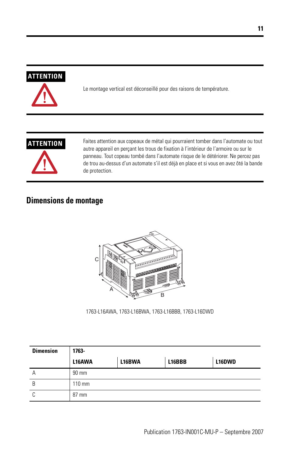 Dimensions de montage | Rockwell Automation 1763-L16xxx MicroLogix 1100 Programmable Controllers Installation Instructions User Manual | Page 11 / 168