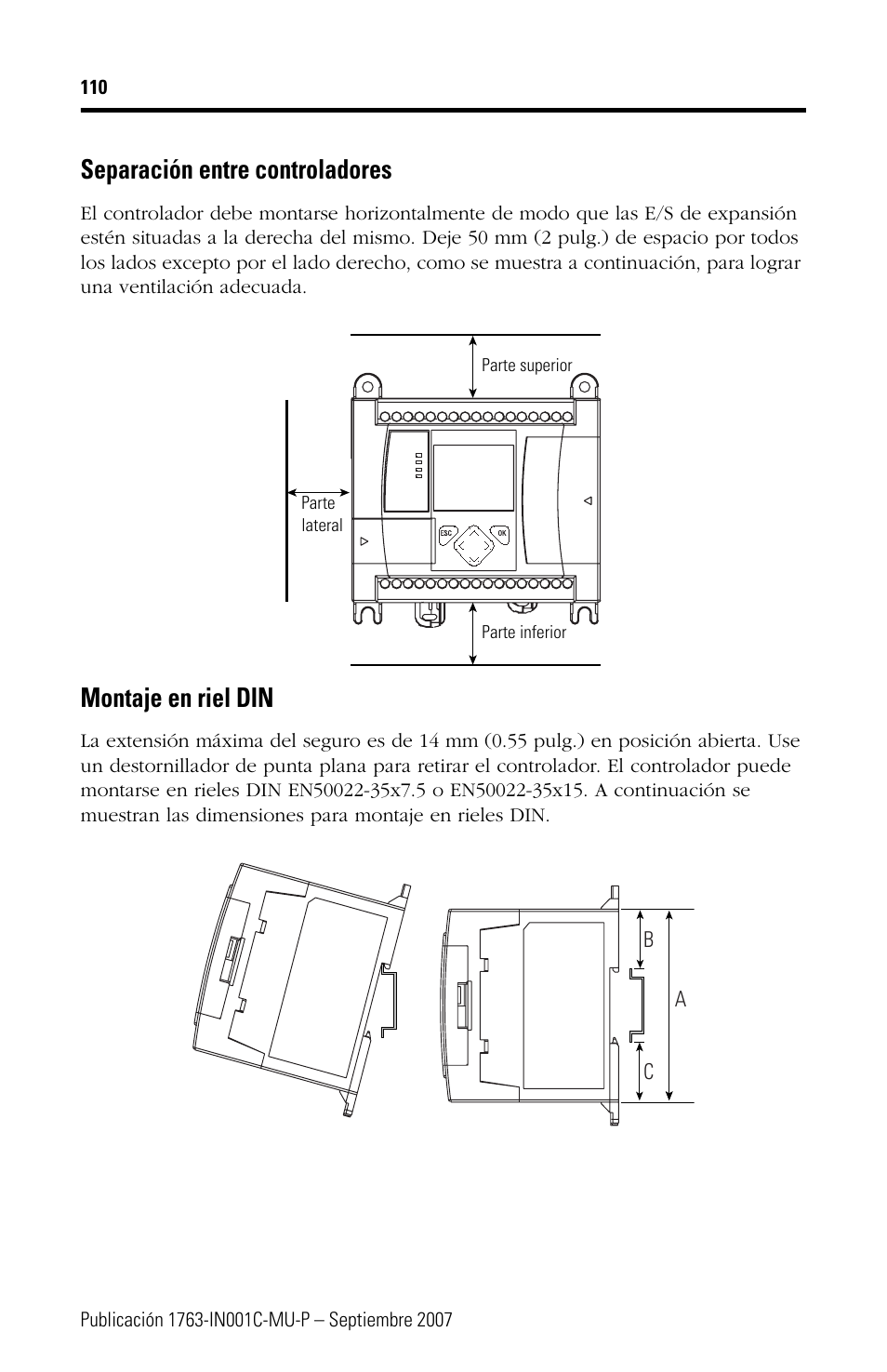 Separación entre controladores, Montaje en riel din | Rockwell Automation 1763-L16xxx MicroLogix 1100 Programmable Controllers Installation Instructions User Manual | Page 110 / 168