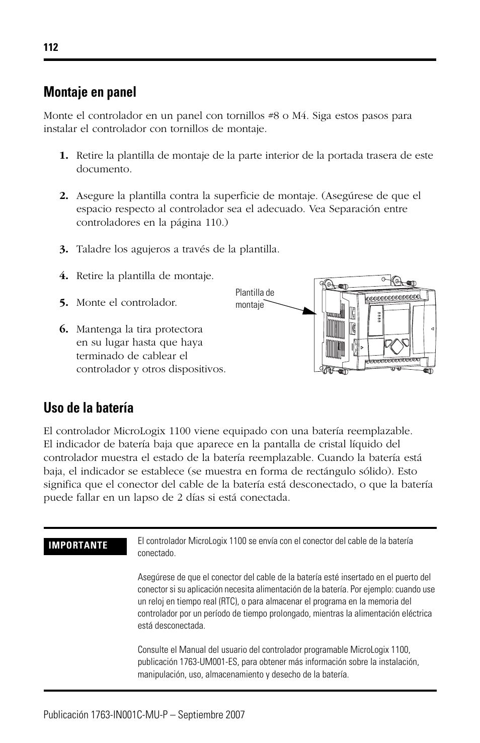 Montaje en panel, Uso de la batería | Rockwell Automation 1763-L16xxx MicroLogix 1100 Programmable Controllers Installation Instructions User Manual | Page 112 / 168