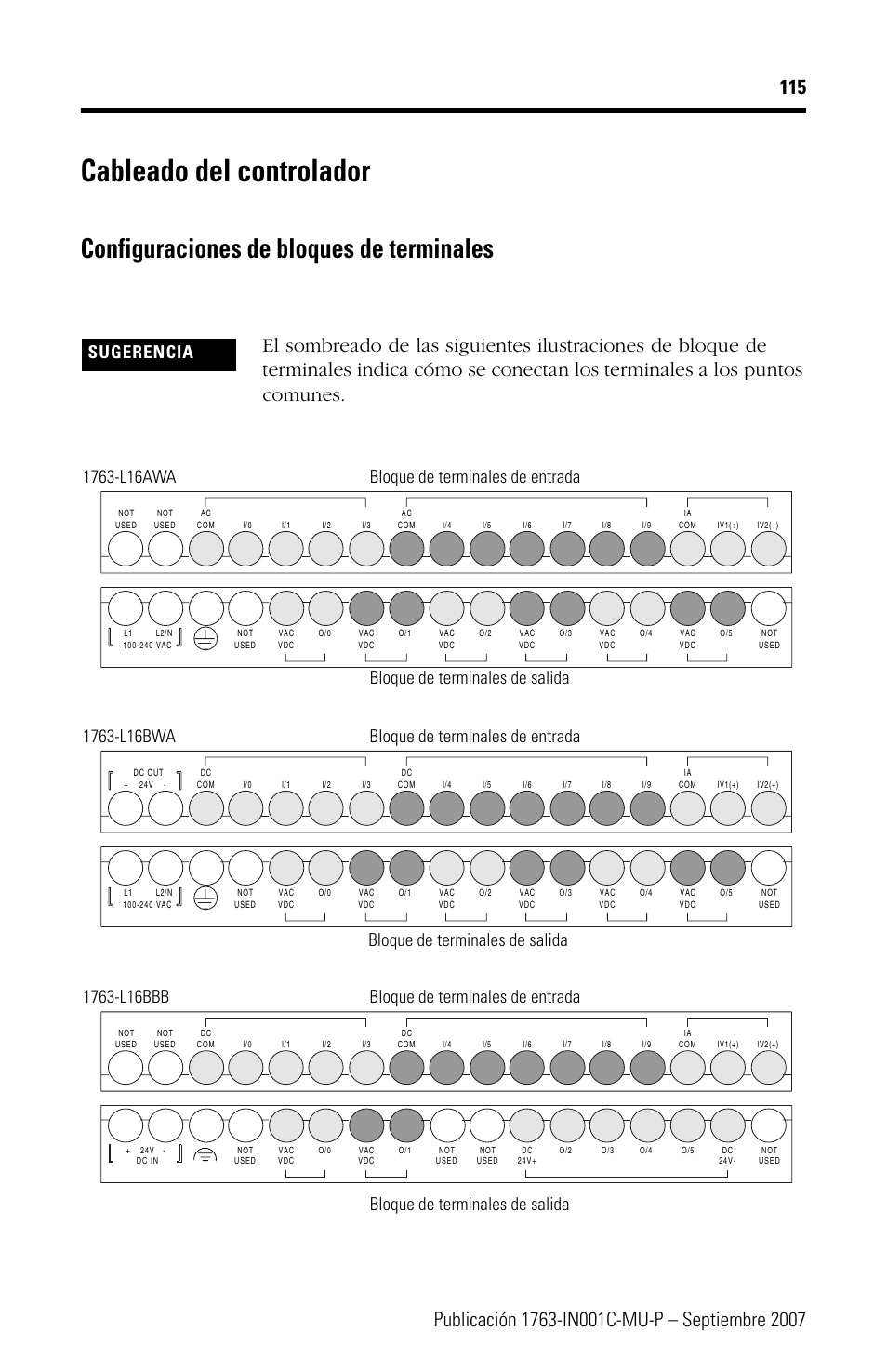 Cableado del controlador, Configuraciones de bloques de terminales, Sugerencia | Rockwell Automation 1763-L16xxx MicroLogix 1100 Programmable Controllers Installation Instructions User Manual | Page 115 / 168