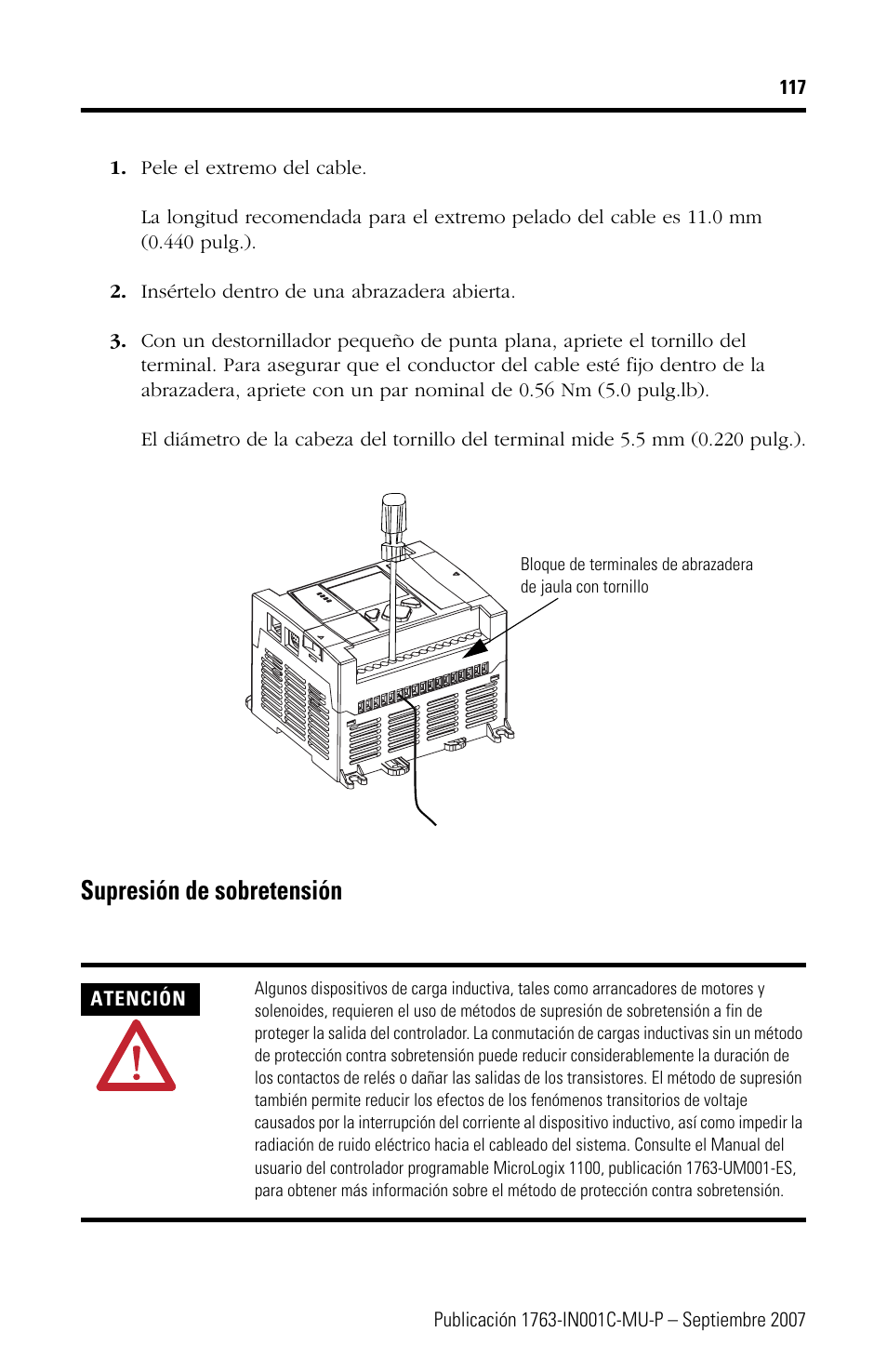 Supresión de sobretensión | Rockwell Automation 1763-L16xxx MicroLogix 1100 Programmable Controllers Installation Instructions User Manual | Page 117 / 168