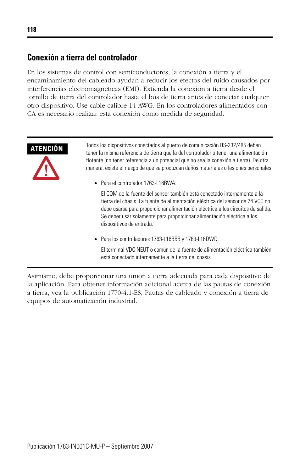 Conexión a tierra del controlador | Rockwell Automation 1763-L16xxx MicroLogix 1100 Programmable Controllers Installation Instructions User Manual | Page 118 / 168