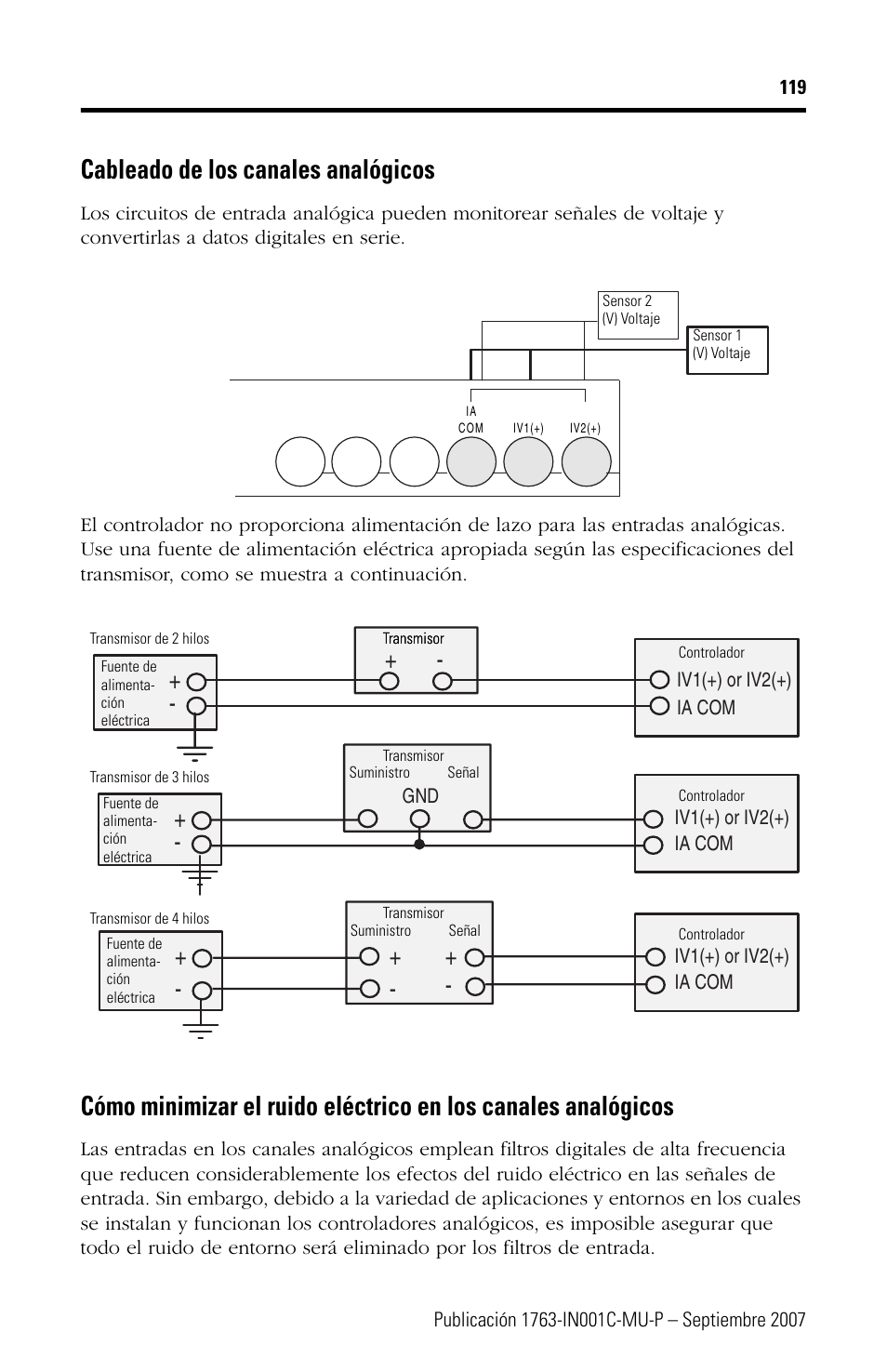 Cableado de los canales analógicos | Rockwell Automation 1763-L16xxx MicroLogix 1100 Programmable Controllers Installation Instructions User Manual | Page 119 / 168