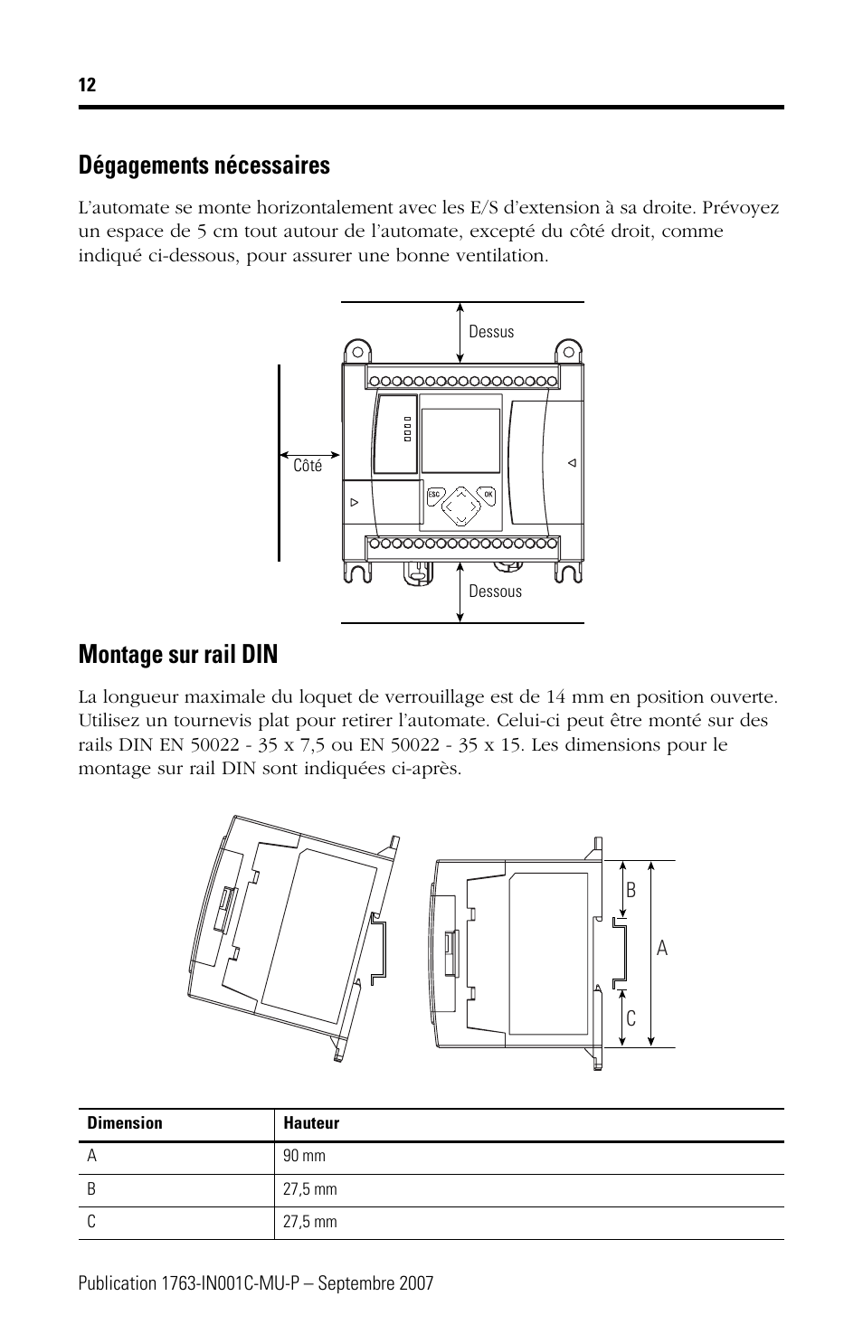 Dégagements nécessaires, Montage sur rail din | Rockwell Automation 1763-L16xxx MicroLogix 1100 Programmable Controllers Installation Instructions User Manual | Page 12 / 168