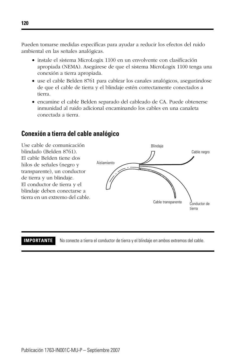 Conexión a tierra del cable analógico | Rockwell Automation 1763-L16xxx MicroLogix 1100 Programmable Controllers Installation Instructions User Manual | Page 120 / 168