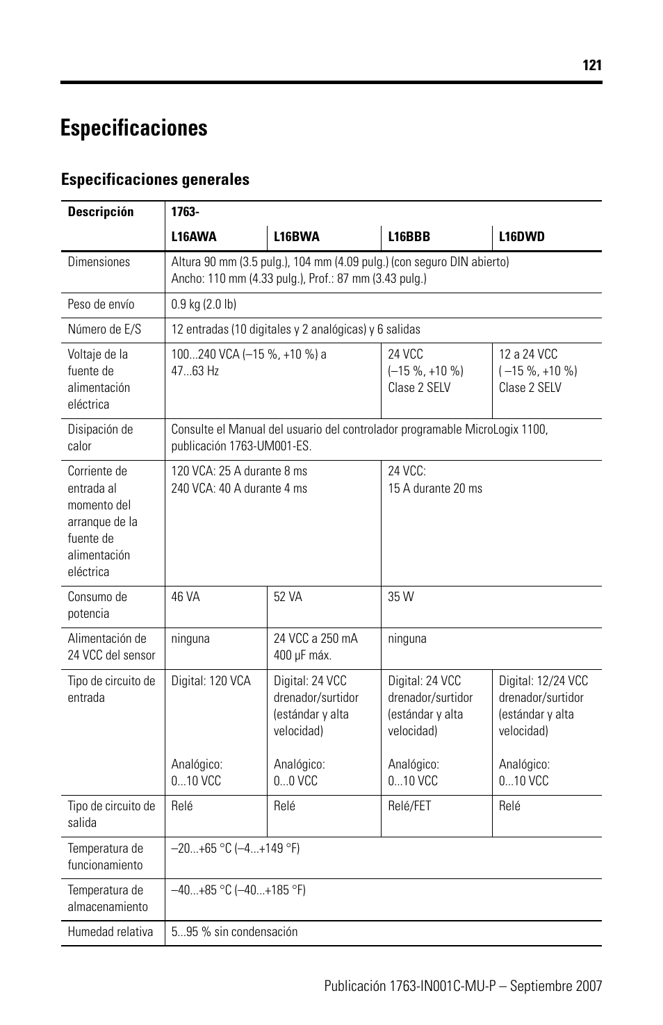 Especificaciones, Especificaciones generales | Rockwell Automation 1763-L16xxx MicroLogix 1100 Programmable Controllers Installation Instructions User Manual | Page 121 / 168