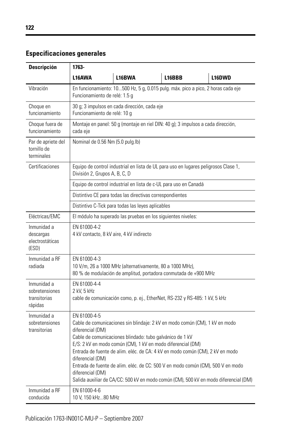 Especificaciones generales | Rockwell Automation 1763-L16xxx MicroLogix 1100 Programmable Controllers Installation Instructions User Manual | Page 122 / 168