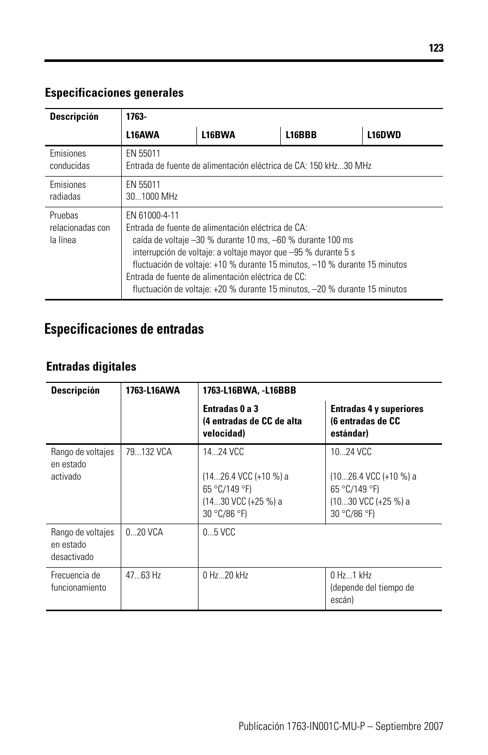 Especificaciones de entradas | Rockwell Automation 1763-L16xxx MicroLogix 1100 Programmable Controllers Installation Instructions User Manual | Page 123 / 168