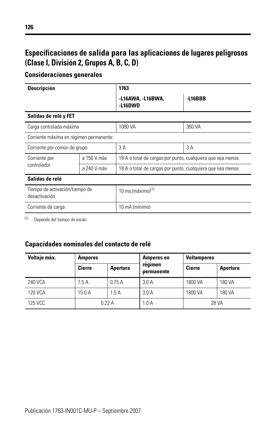 Consideraciones generales, Capacidades nominales del contacto de relé | Rockwell Automation 1763-L16xxx MicroLogix 1100 Programmable Controllers Installation Instructions User Manual | Page 126 / 168