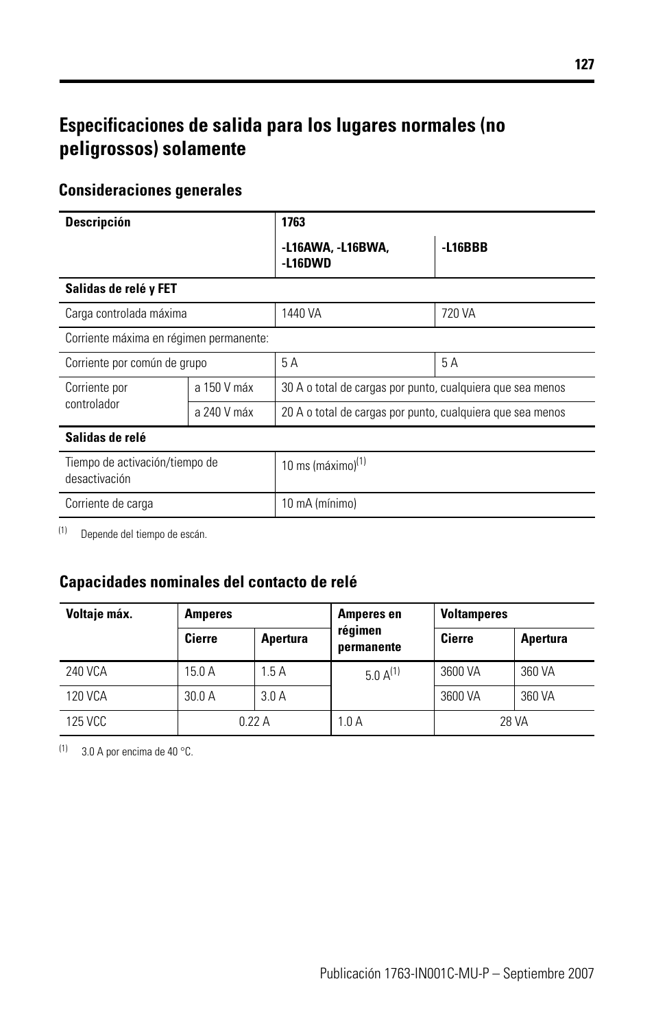 Consideraciones generales, Capacidades nominales del contacto de relé | Rockwell Automation 1763-L16xxx MicroLogix 1100 Programmable Controllers Installation Instructions User Manual | Page 127 / 168