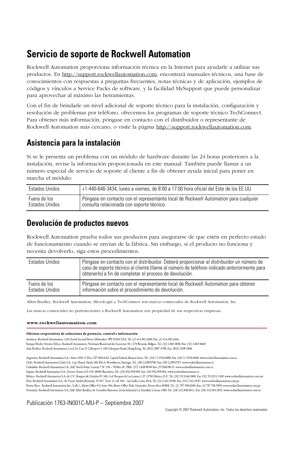 Servicio de soporte de rockwell automation, Asistencia para la instalación, Devolución de productos nuevos | Rockwell Automation 1763-L16xxx MicroLogix 1100 Programmable Controllers Installation Instructions User Manual | Page 134 / 168