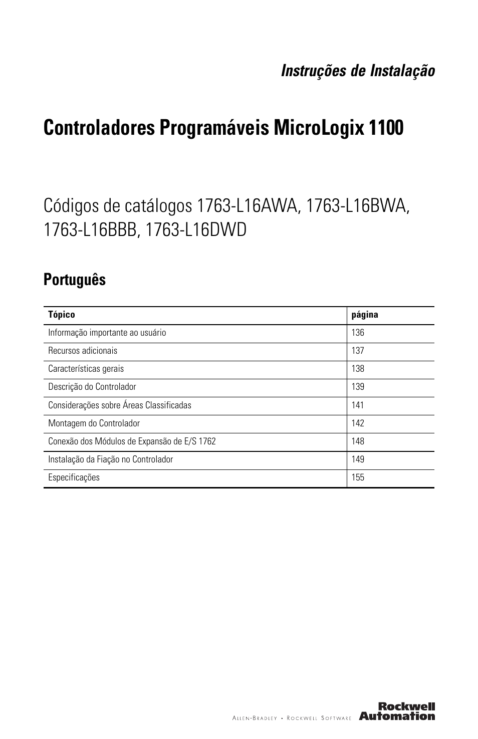 Português, Controladores programáveis micrologix 1100, Instruções de instalação | Rockwell Automation 1763-L16xxx MicroLogix 1100 Programmable Controllers Installation Instructions User Manual | Page 135 / 168