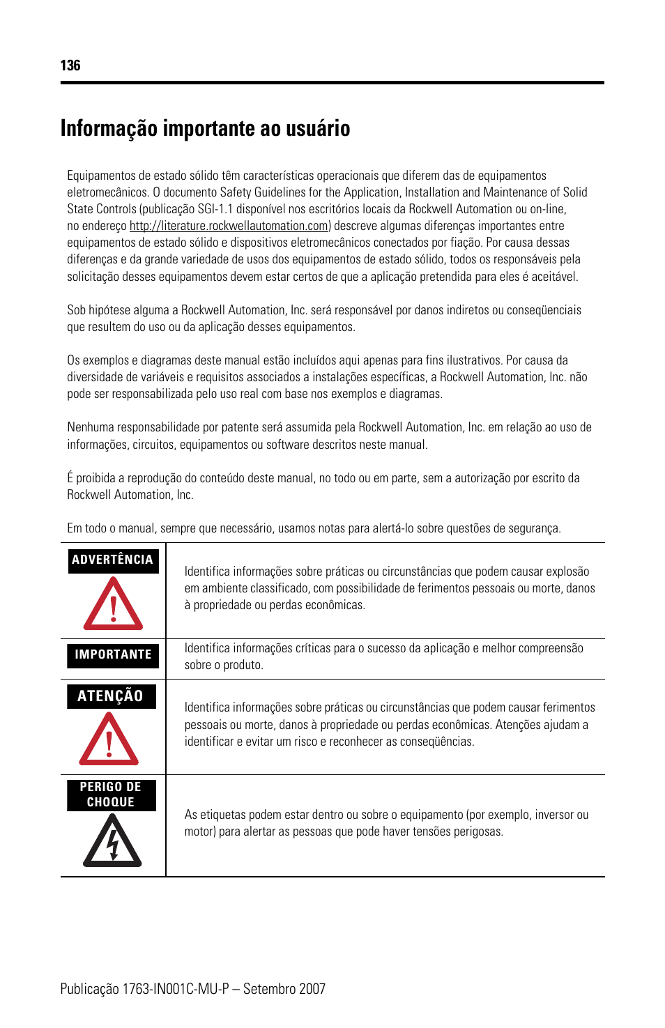 Informação importante ao usuário | Rockwell Automation 1763-L16xxx MicroLogix 1100 Programmable Controllers Installation Instructions User Manual | Page 136 / 168