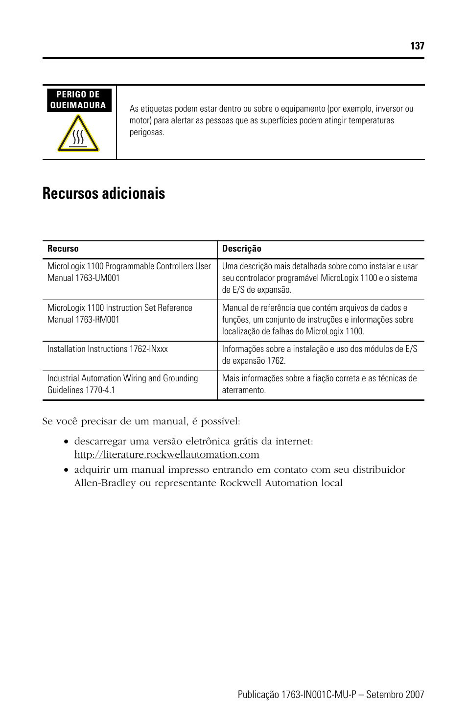 Recursos adicionais | Rockwell Automation 1763-L16xxx MicroLogix 1100 Programmable Controllers Installation Instructions User Manual | Page 137 / 168