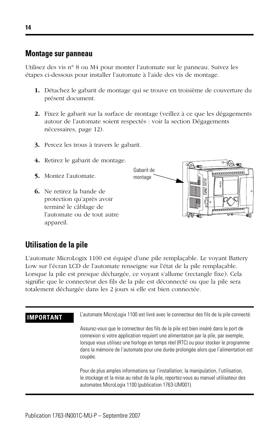 Montage sur panneau, Utilisation de la pile | Rockwell Automation 1763-L16xxx MicroLogix 1100 Programmable Controllers Installation Instructions User Manual | Page 14 / 168