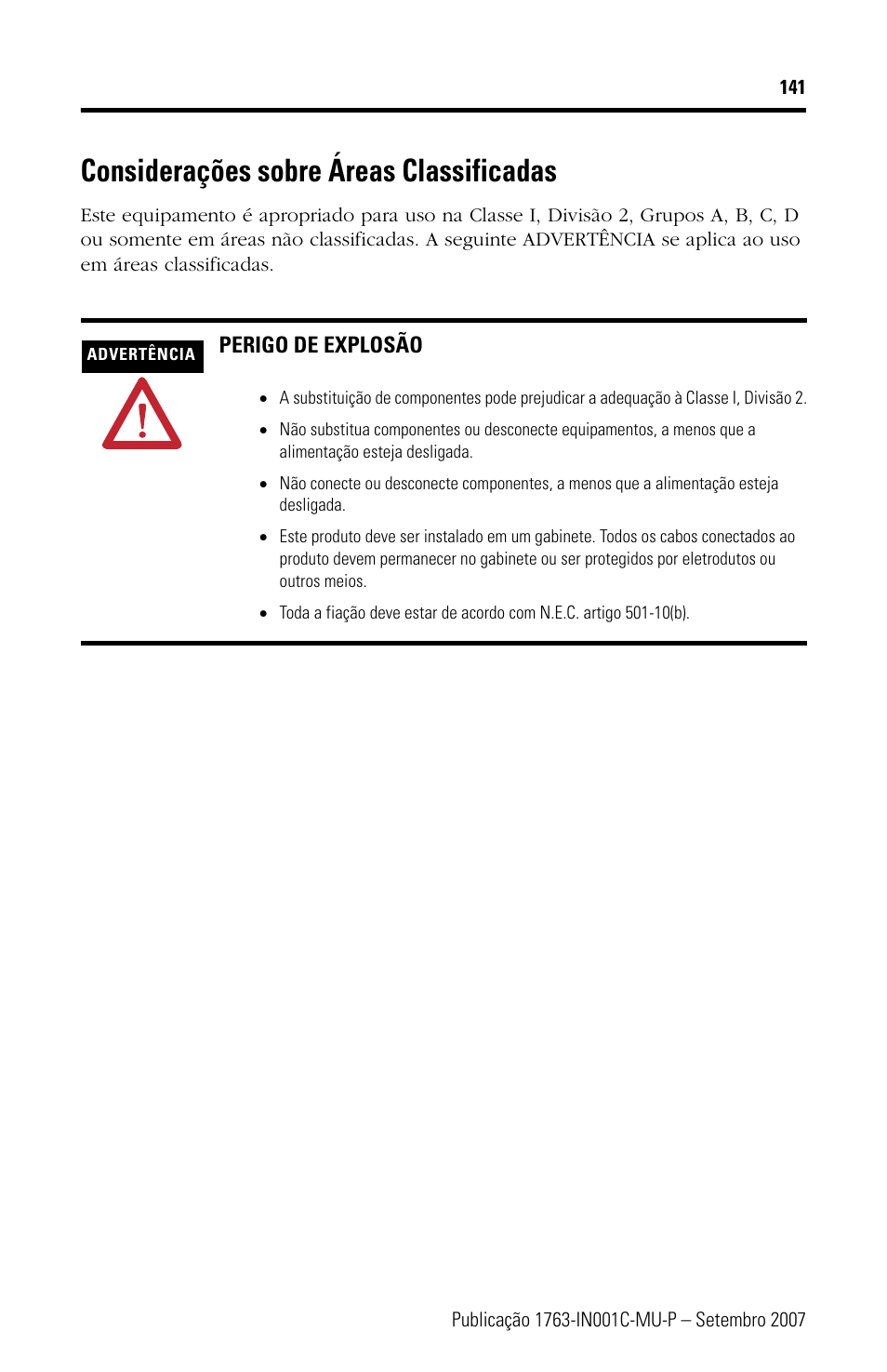 Considerações sobre áreas classificadas | Rockwell Automation 1763-L16xxx MicroLogix 1100 Programmable Controllers Installation Instructions User Manual | Page 141 / 168