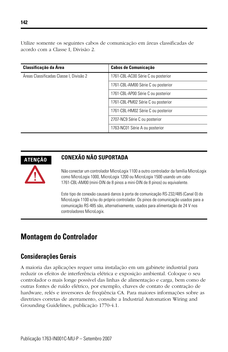 Montagem do controlador, Considerações gerais | Rockwell Automation 1763-L16xxx MicroLogix 1100 Programmable Controllers Installation Instructions User Manual | Page 142 / 168