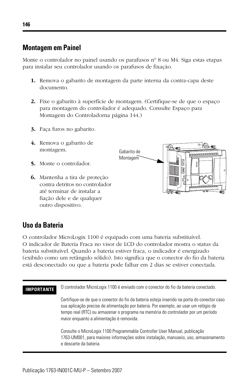 Montagem em painel, Uso da bateria | Rockwell Automation 1763-L16xxx MicroLogix 1100 Programmable Controllers Installation Instructions User Manual | Page 146 / 168