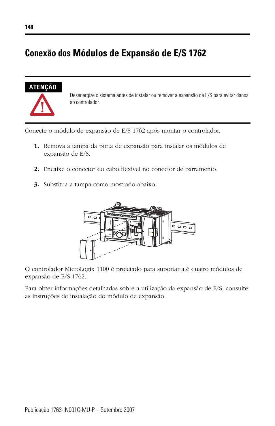 Conexão dos módulos de expansão de e/s 1762 | Rockwell Automation 1763-L16xxx MicroLogix 1100 Programmable Controllers Installation Instructions User Manual | Page 148 / 168